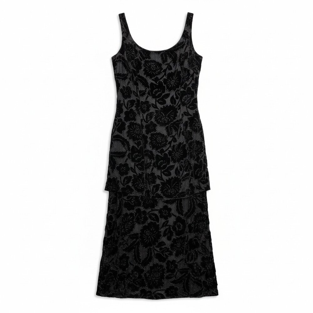 Vintage Black Burnout Velvet Dress Gown Sz 10 Whimsical Bead Silk Mesh C.M.Valvo